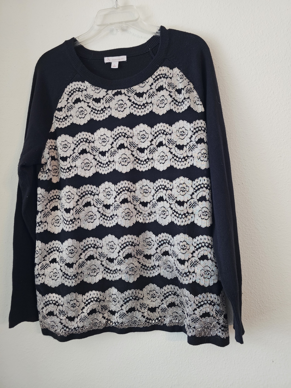 Black Crewneck Long Sleeve with Cream Lace Stripes
